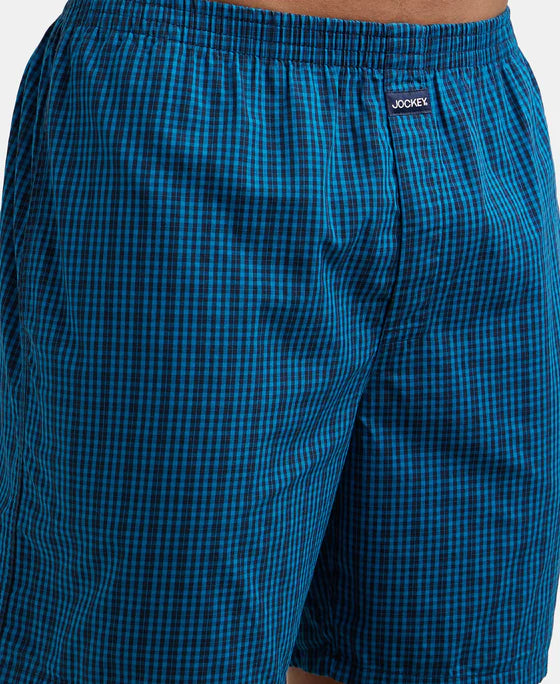 Super Combed Mercerized Cotton Woven Checkered Boxer Shorts with Side Pocket - Seaport Teal & Black(Pack of 2)