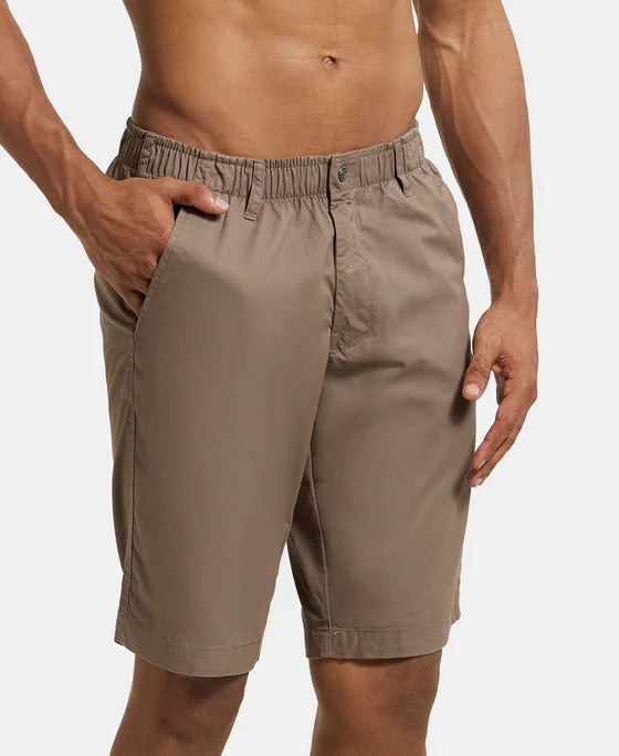 Super Combed Mercerised Cotton Woven Straight Fit Shorts with Side Pockets - Khaki