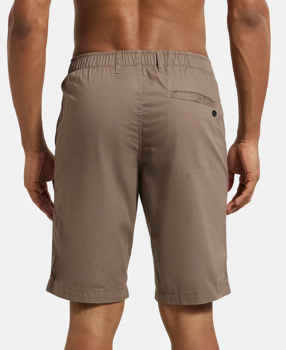 Super Combed Mercerised Cotton Woven Straight Fit Shorts with Side Pockets - Khaki