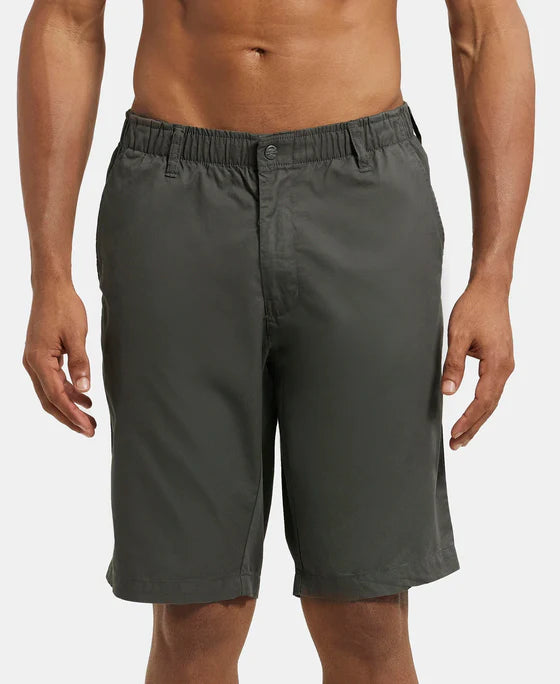 Super Combed Mercerised Cotton Woven Straight Fit Shorts with Side Pockets - Khaki