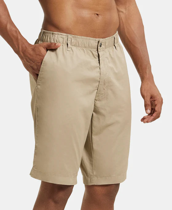 Super Combed Mercerised Cotton Woven Straight Fit Shorts with Side Pockets - Khaki