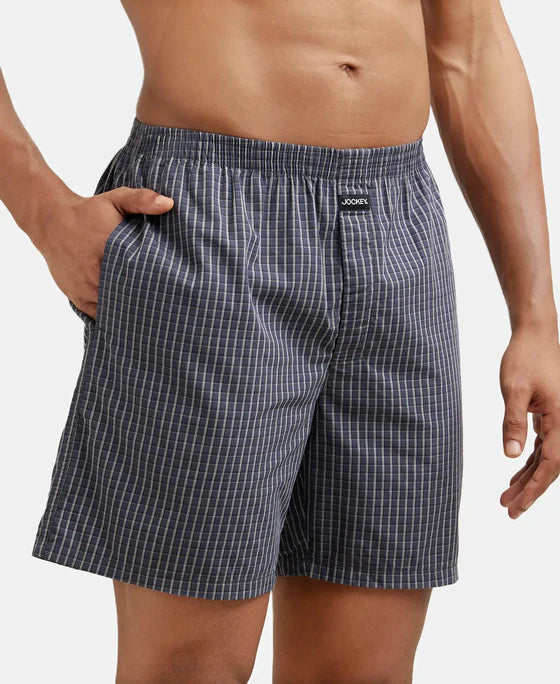 Super Combed Mercerized Cotton Woven Checkered Boxer Shorts with Side Pocket - Seaport Teal & Black(Pack of 2)