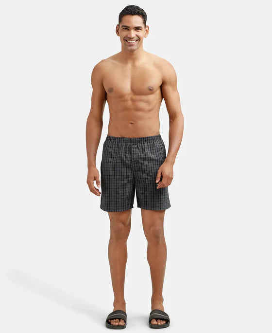 Super Combed Mercerized Cotton Woven Checkered Boxer Shorts with Side Pocket - Seaport Teal & Black(Pack of 2)