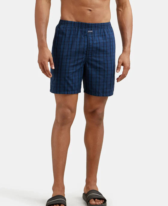Super Combed Mercerized Cotton Woven Checkered Boxer Shorts with Side Pocket - Seaport Teal & Black(Pack of 2)