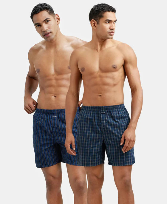 Super Combed Mercerized Cotton Woven Checkered Boxer Shorts with Side Pocket - Seaport Teal & Black(Pack of 2)