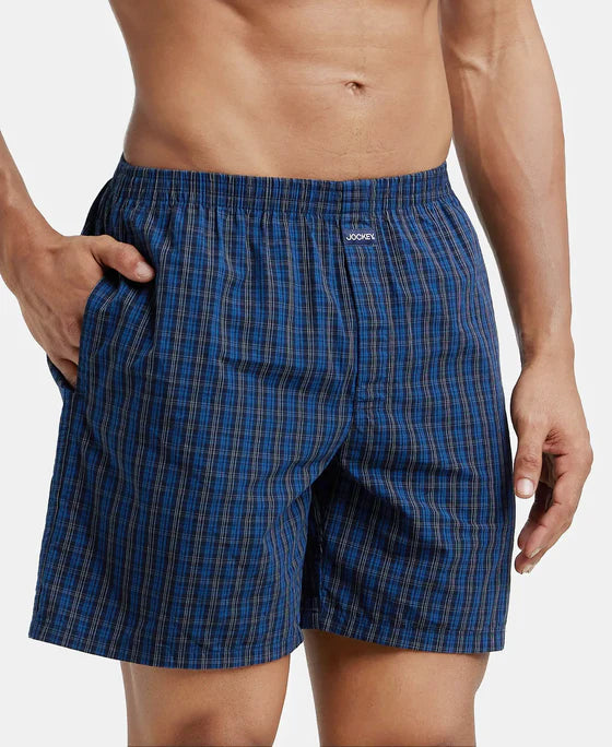Super Combed Mercerized Cotton Woven Checkered Boxer Shorts with Side Pocket - Seaport Teal & Black(Pack of 2)