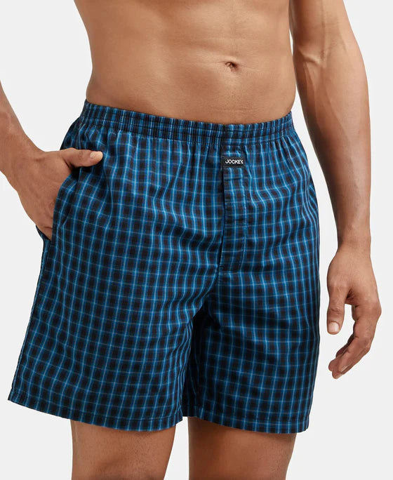Super Combed Mercerized Cotton Woven Checkered Boxer Shorts with Side Pocket - Seaport Teal & Black(Pack of 2)