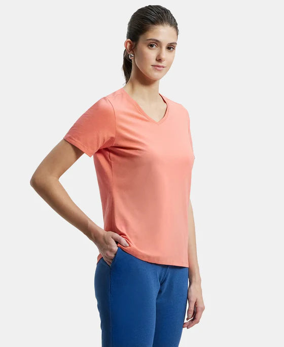 Super Combed Cotton Elastane Stretch Regular Fit Solid V Neck Half Sleeve T-Shirt - Nile Blue