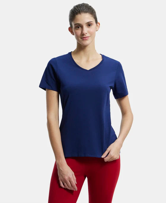 Super Combed Cotton Elastane Stretch Regular Fit Solid V Neck Half Sleeve T-Shirt - Nile Blue