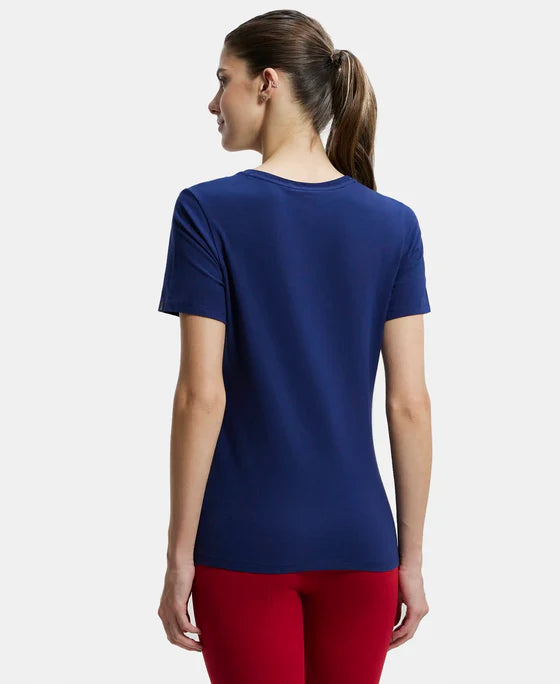 Super Combed Cotton Elastane Stretch Regular Fit Solid V Neck Half Sleeve T-Shirt - Nile Blue