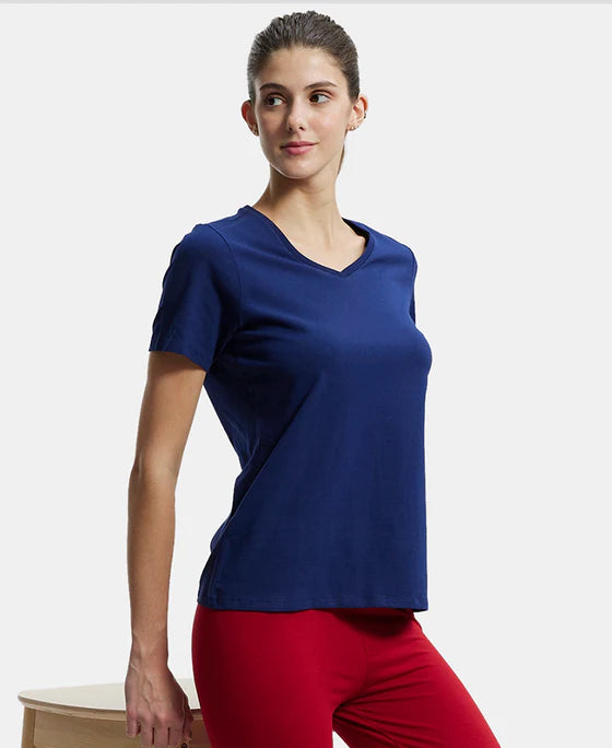 Super Combed Cotton Elastane Stretch Regular Fit Solid V Neck Half Sleeve T-Shirt - Nile Blue