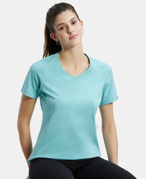 Super Combed Cotton Elastane Stretch Regular Fit Solid V Neck Half Sleeve T-Shirt - Nile Blue