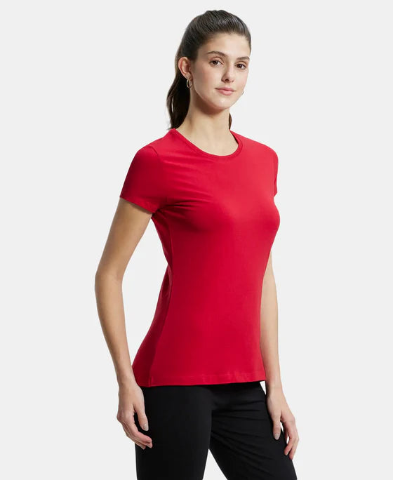 Super Combed Cotton Elastane Stretch Regular Fit Solid Round Neck Half Sleeve T-Shirt - Jester Red