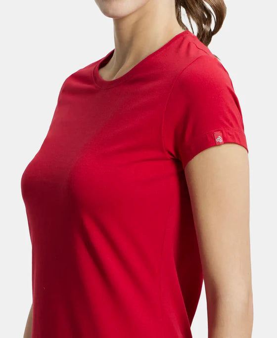 Super Combed Cotton Elastane Stretch Regular Fit Solid Round Neck Half Sleeve T-Shirt - Jester Red