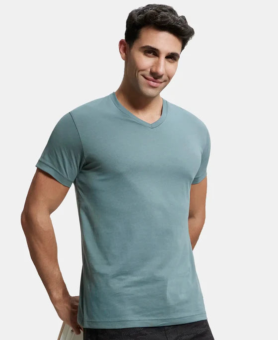 Super Combed Cotton Rich Solid V Neck Half Sleeve T-Shirt - Deep Atlantis