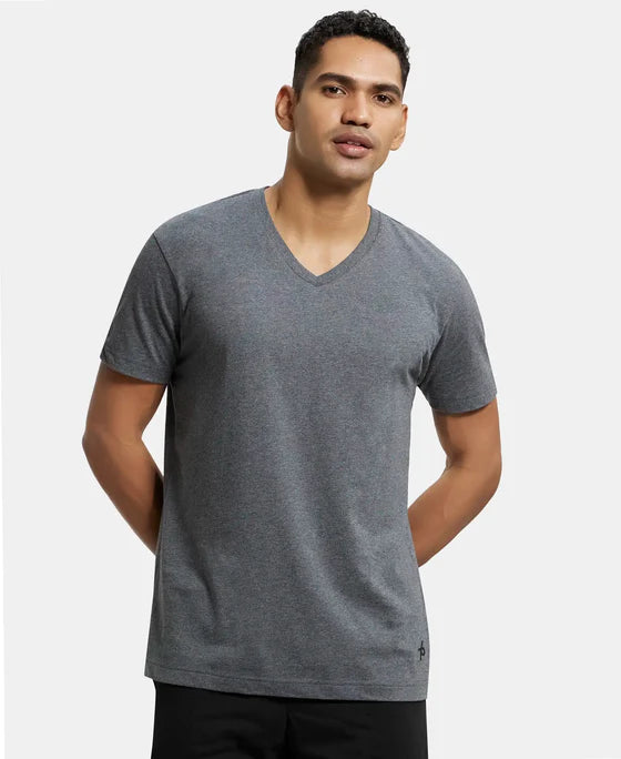 Super Combed Cotton Rich Solid V Neck Half Sleeve T-Shirt - Deep Atlantis