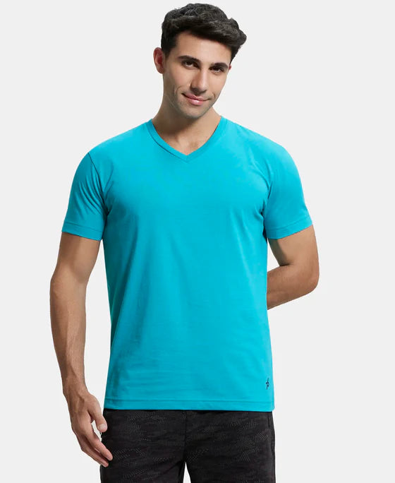 Super Combed Cotton Rich Solid V Neck Half Sleeve T-Shirt - Deep Atlantis