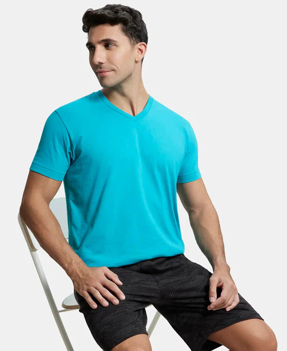 Super Combed Cotton Rich Solid V Neck Half Sleeve T-Shirt - Deep Atlantis