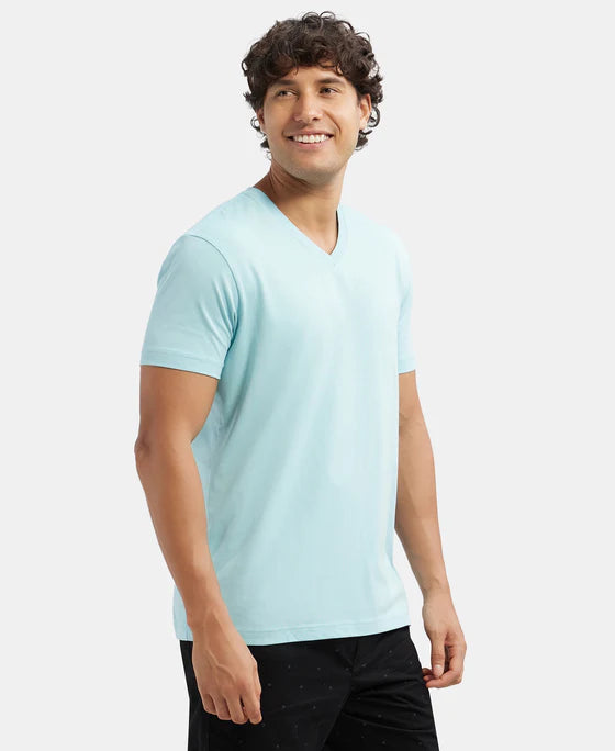 Super Combed Cotton Rich Solid V Neck Half Sleeve T-Shirt - Deep Atlantis