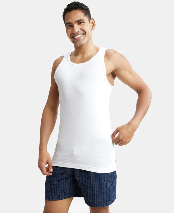 Super Combed Cotton Rib Round Neck Sleeveless Vest with StayFresh Properties - White (Pack of 2)