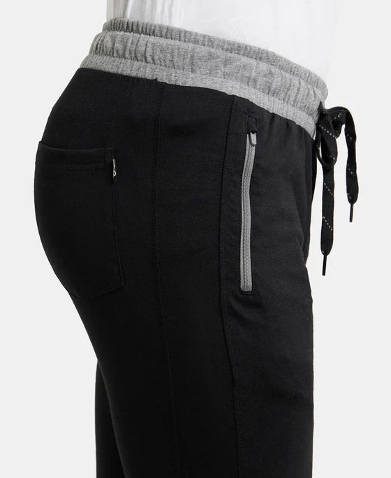 Super Combed Cotton Rich Slim Fit Trackpant with Side Zipper Pockets - Black & Grey Melange