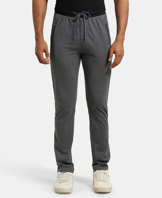 Super Combed Cotton Rich Slim Fit Trackpant with Side Zipper Pockets - Black & Grey Melange