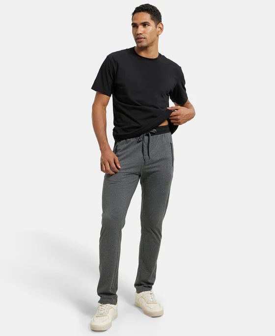 Super Combed Cotton Rich Slim Fit Trackpant with Side Zipper Pockets - Black & Grey Melange