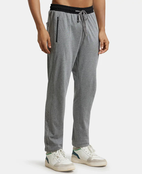 Super Combed Cotton Rich Slim Fit Trackpant with Side Zipper Pockets - Black & Grey Melange