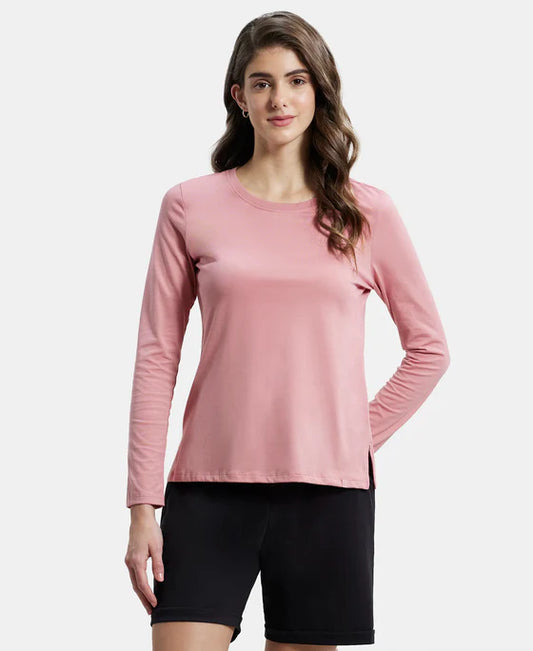 Super Combed Cotton Rich Relaxed Fit Solid Round Neck Full Sleeve T-Shirt - Rhubarb
