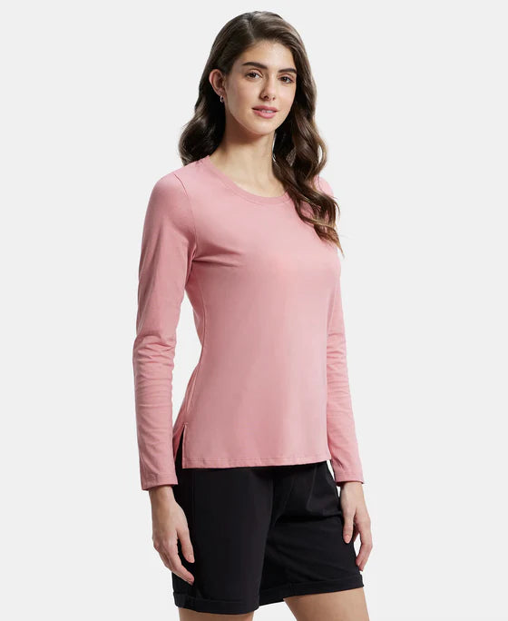 Super Combed Cotton Rich Relaxed Fit Solid Round Neck Full Sleeve T-Shirt - Rhubarb