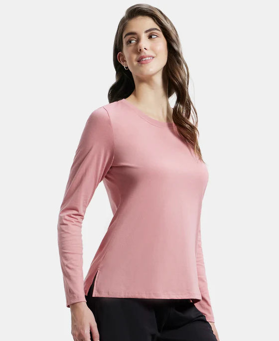 Super Combed Cotton Rich Relaxed Fit Solid Round Neck Full Sleeve T-Shirt - Rhubarb