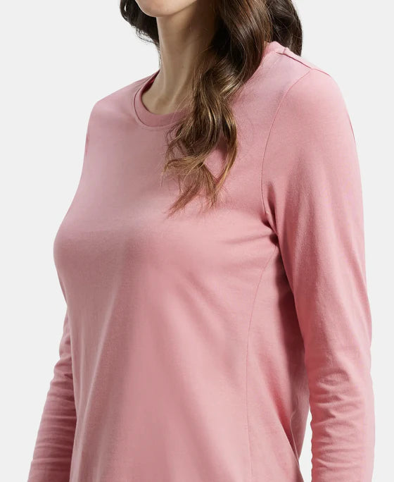 Super Combed Cotton Rich Relaxed Fit Solid Round Neck Full Sleeve T-Shirt - Rhubarb