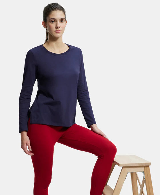 Super Combed Cotton Rich Relaxed Fit Solid Round Neck Full Sleeve T-Shirt - Rhubarb