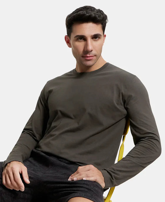 Super Combed Cotton Rich Solid Round Neck Full Sleeve T-Shirt - Black Olive