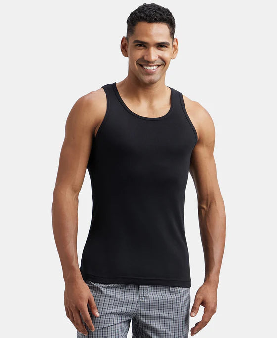 Super Combed Cotton Rib Round Neck Sleeveless Vest - Grey Melange & Teal Green