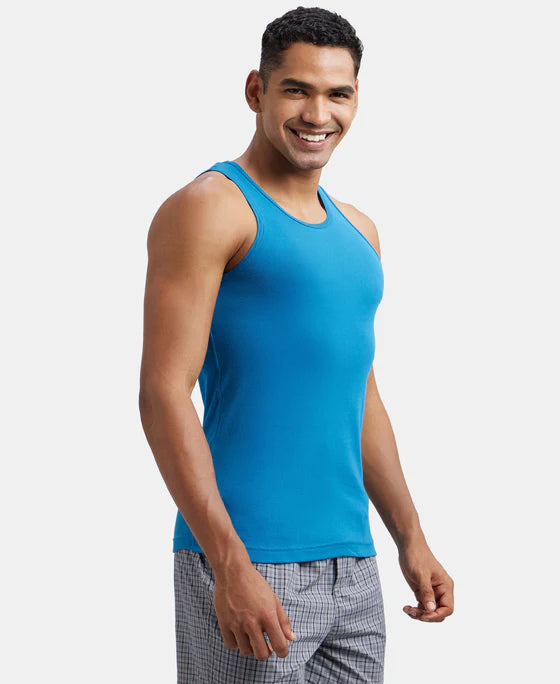 Super Combed Cotton Rib Round Neck Sleeveless Vest - Grey Melange & Teal Green