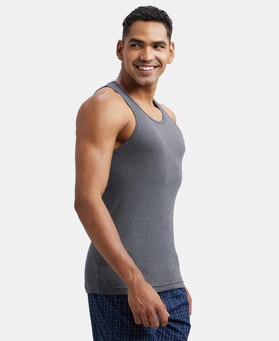 Super Combed Cotton Rib Round Neck Sleeveless Vest - Grey Melange & Teal Green