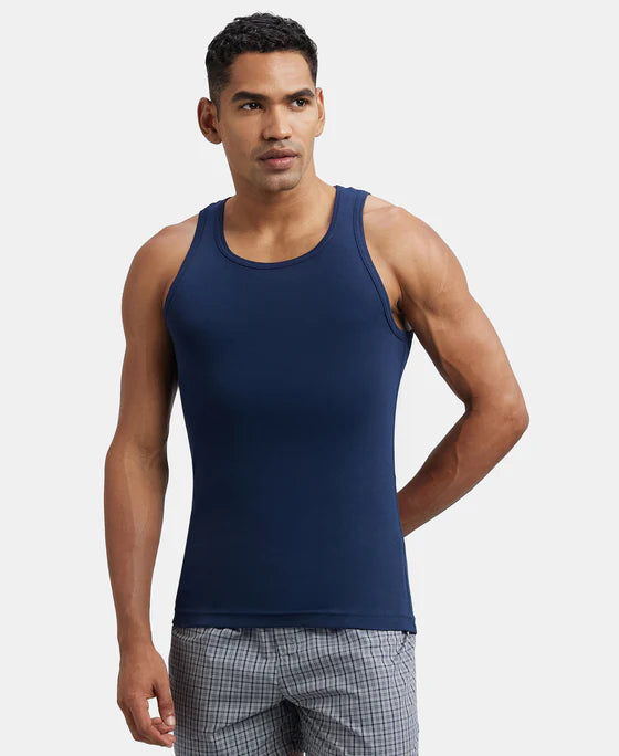 Super Combed Cotton Rib Round Neck Sleeveless Vest - Grey Melange & Teal Green