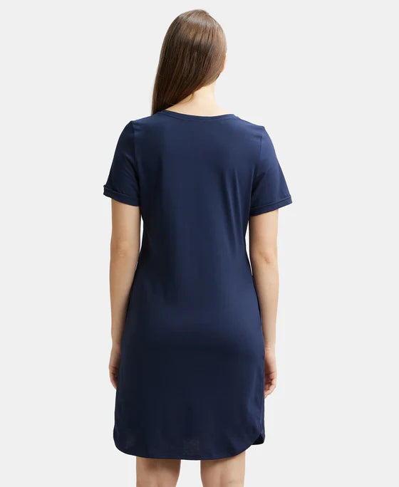 Super Combed Cotton Curved Hem Styled Half Sleeve Printed Sleep Dress with Side Pockets - Navy Blazer