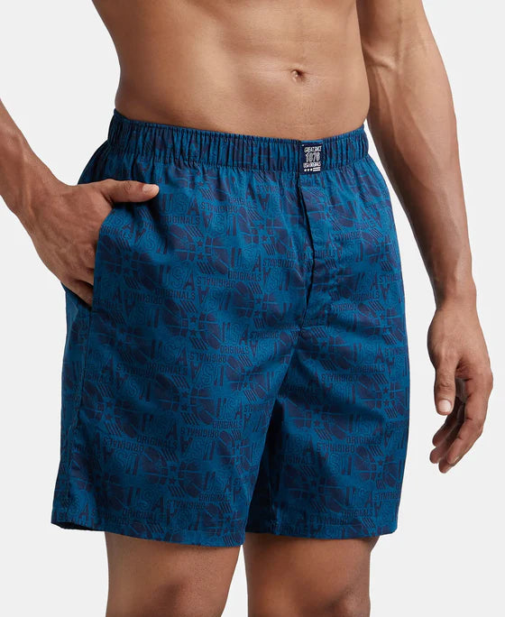 Super Combed Mercerized Cotton Woven Printed Boxer Shorts with Side Pocket - Navy Nickle (Pack of 2)