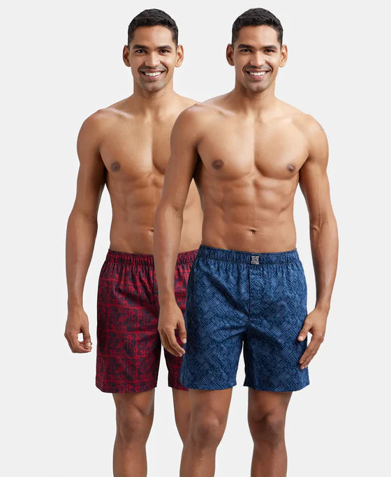 Super Combed Mercerized Cotton Woven Printed Boxer Shorts with Side Pocket - Navy Nickle (Pack of 2)