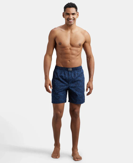 Super Combed Mercerized Cotton Woven Printed Boxer Shorts with Side Pocket - Navy Nickle (Pack of 2)