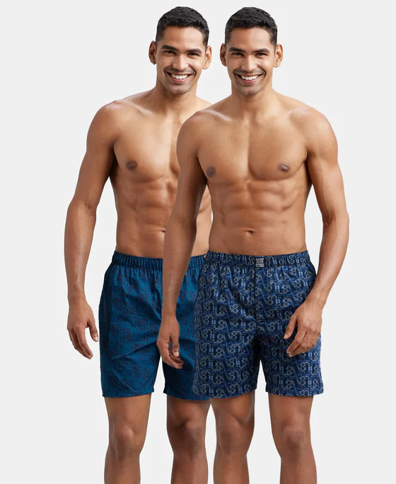 Super Combed Mercerized Cotton Woven Printed Boxer Shorts with Side Pocket - Navy Nickle (Pack of 2)