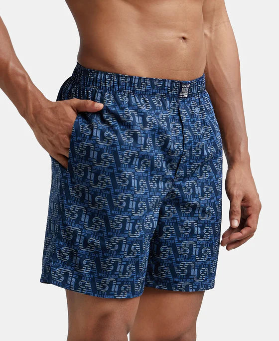 Super Combed Mercerized Cotton Woven Printed Boxer Shorts with Side Pocket - Navy Nickle (Pack of 2)